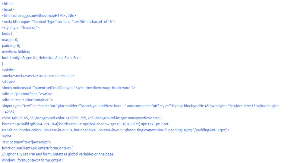 HTML code for implementing Bing Maps autosuggest feature