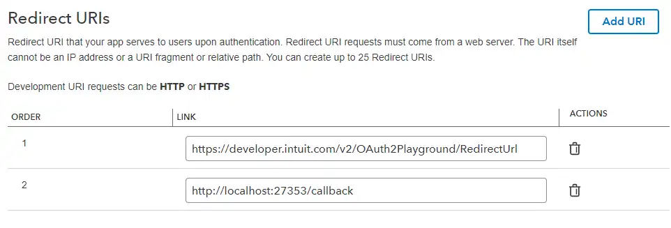 Redirect URI configuration for QuickBooks OAuth