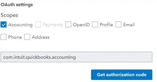 OAuth settings for QuickBooks Azure integration