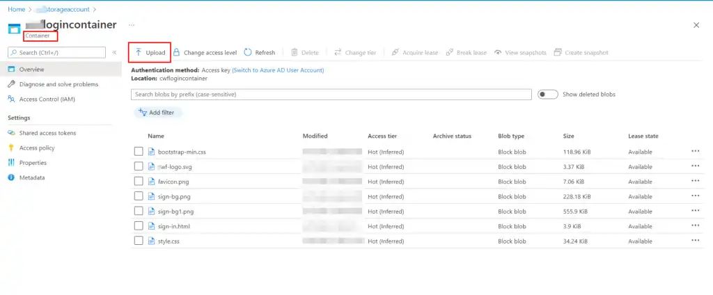 Azure Blob Storage showing uploaded custom login assets like style.css and HTML files.