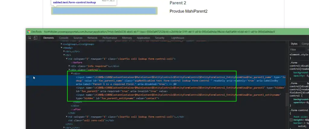 HTML code snippet for Power Apps Portal lookup field configuration