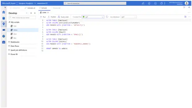 Azure Synapse Analytics SQL script editor interface showing table modifications