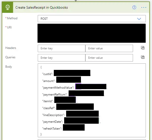 JSON structure for QuickBooks SalesReceipt using Power Automate