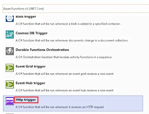 Available triggers in Azure Functions including HTTP trigger