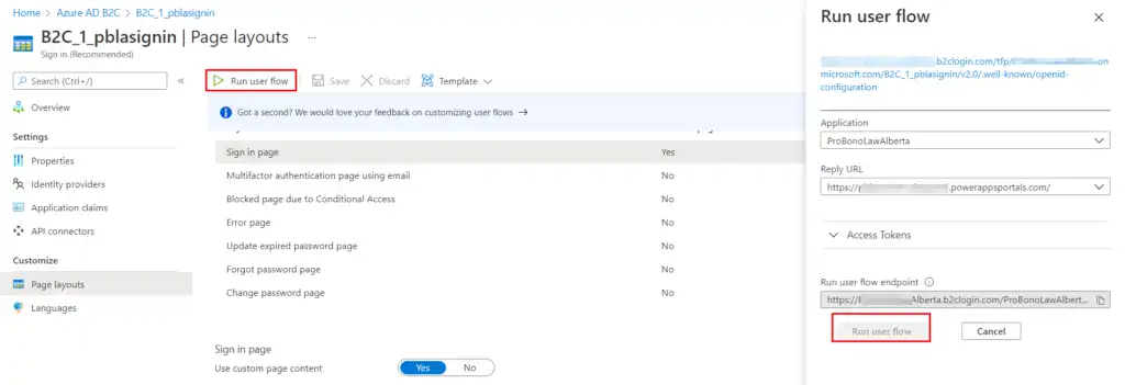 Executing user flow in Azure AD B2C to preview Power Apps Portal custom login.