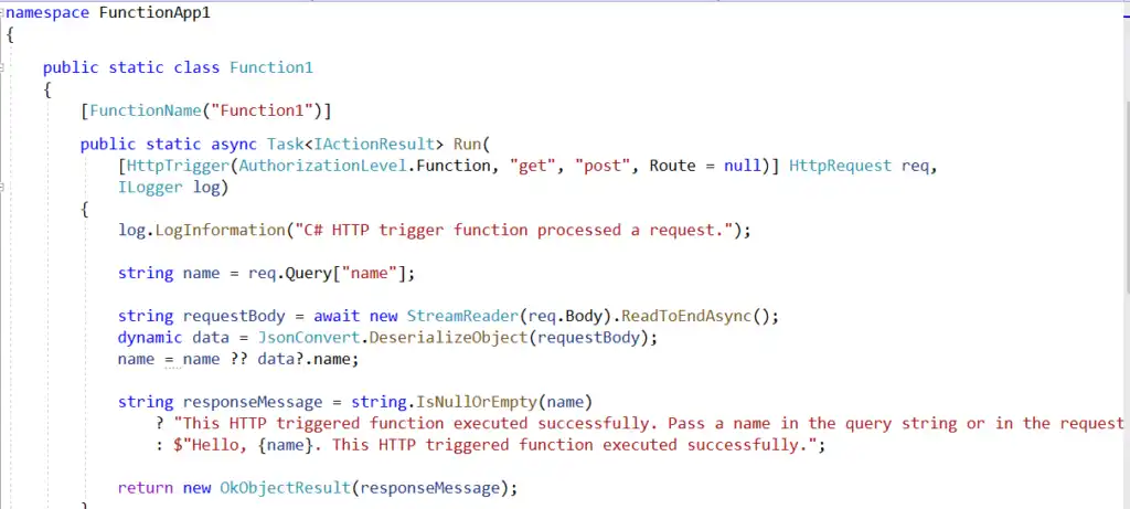 Sample Azure Function code using HTTP trigger in C#
