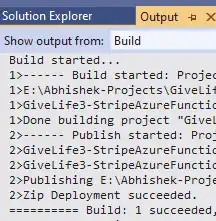 Visual Studio output panel showing Azure Function build and deployment success