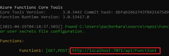 Azure Function Core Tools running the HTTP endpoint locally