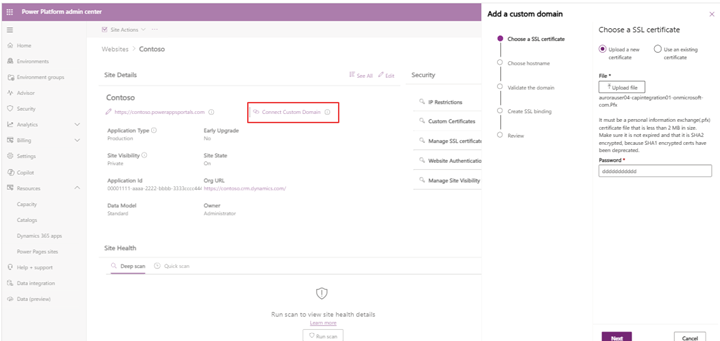 Screenshot of Power Platform Admin Center showing the ‘Connect Custom Domain’ option for configuring a custom SSL certificate in Power Pages.