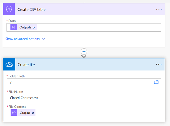 Power Automate create file action configured with file path, name, and content