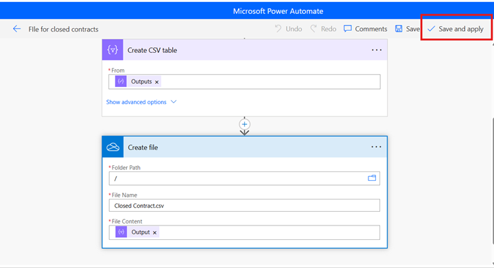 Final Power Automate flow configuration to save and apply CSV export logic