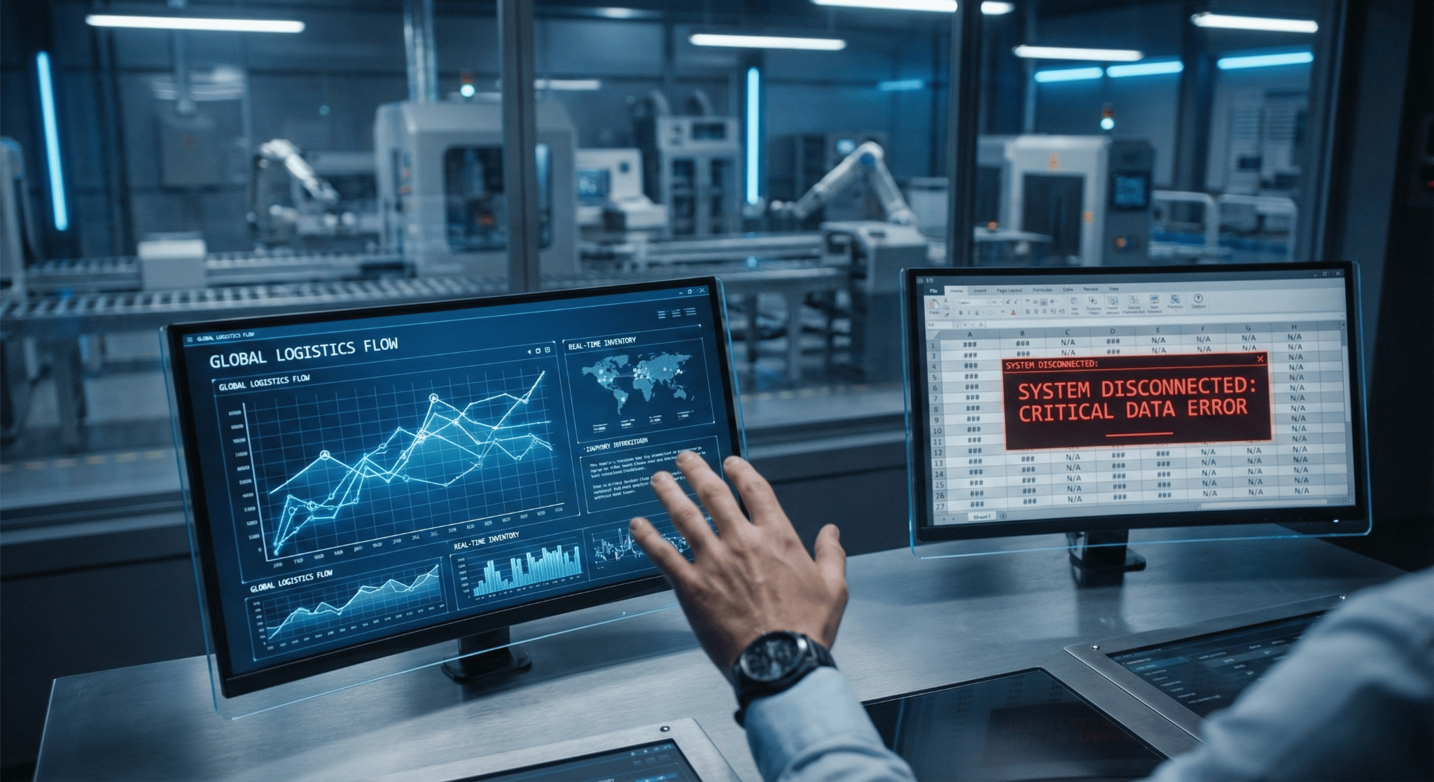 Critical data error and system disconnected warning on a monitor inside a Chicago, IL manufacturing control room