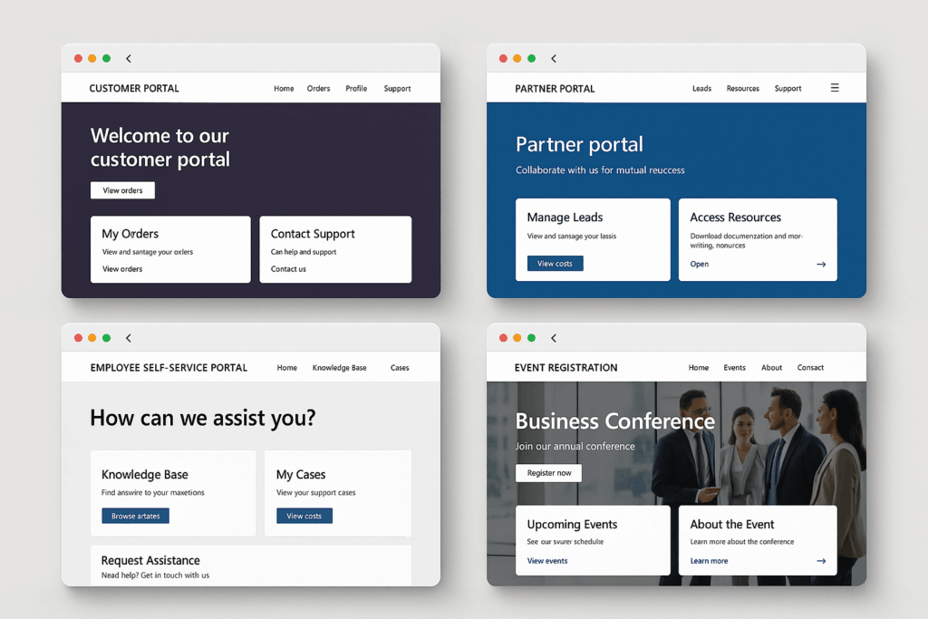 Four Microsoft Power Pages website templates displayed in browser windows showing customer portal, partner portal, employee self-service portal, and event registration layouts