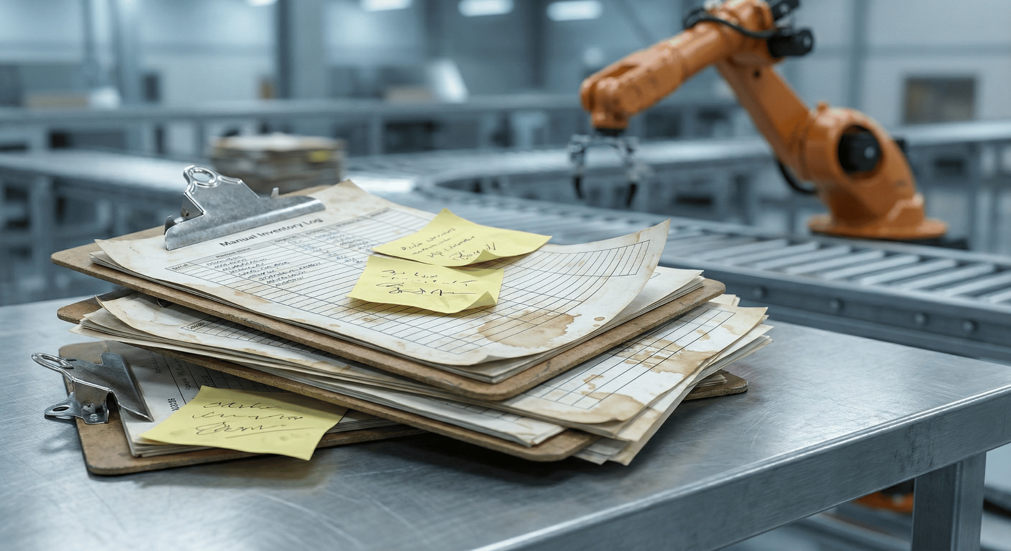Stack of messy manual paper logs and sticky notes sitting on a workbench in front of a modern robotic arm in Mississauga, ON