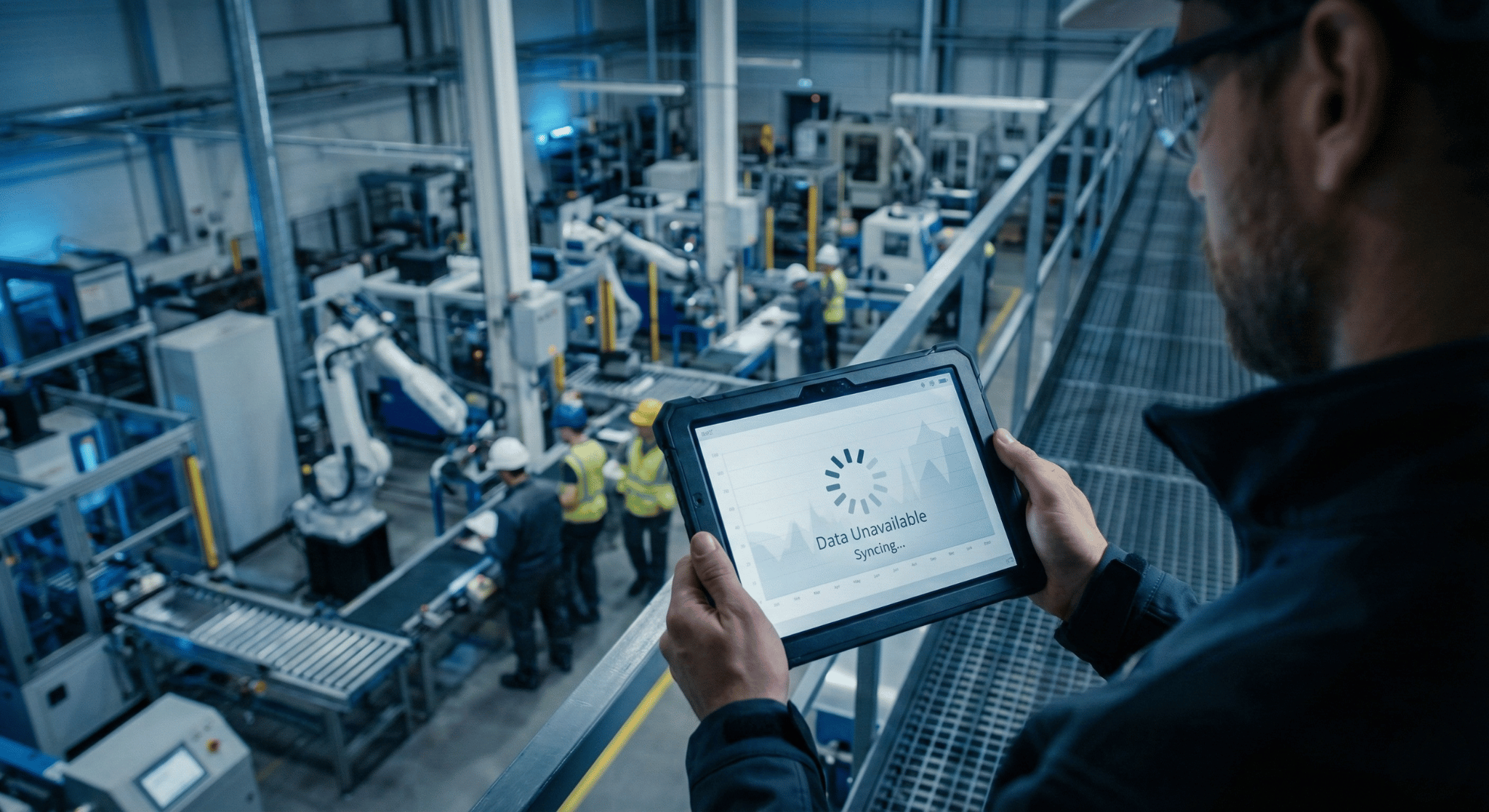 Factory manager holding a rugged tablet displaying a "Data Unavailable" syncing error while overlooking a Mississauga, ON production line