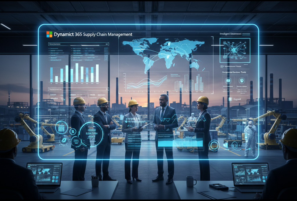 High-tech analytics display showing 99% inventory accuracy and improved OEE scores