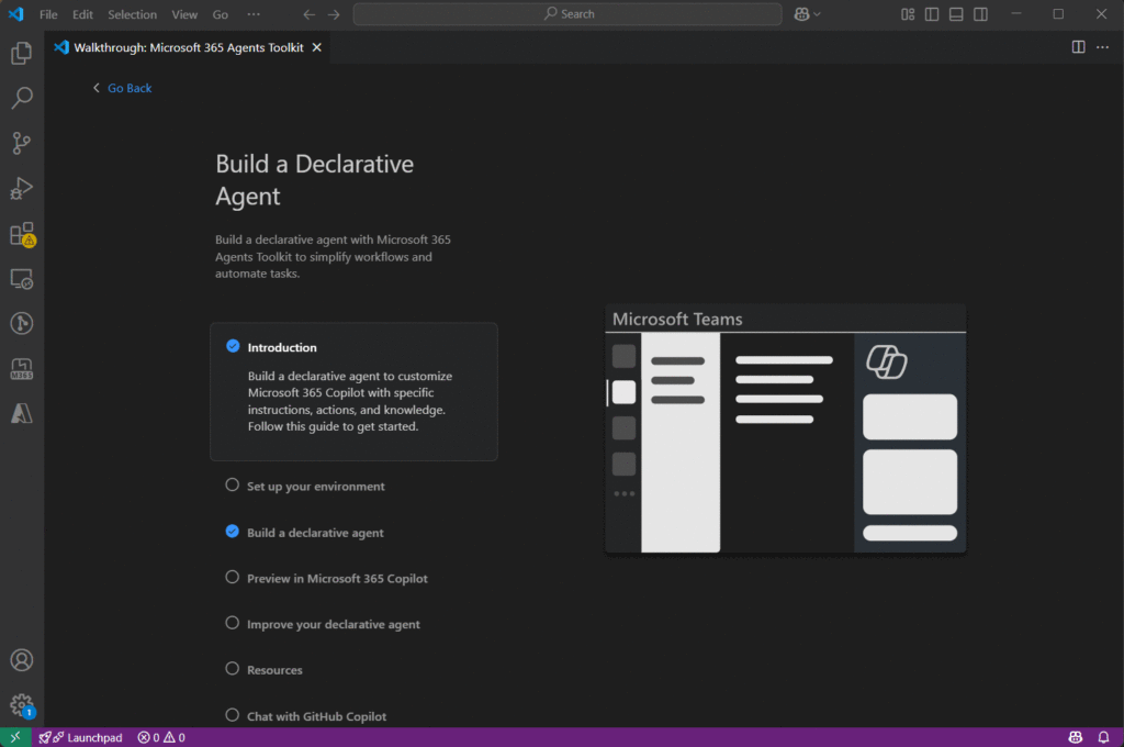 GIF showing the Visual Studio Code walkthrough for building a declarative agent using the Microsoft 365 Agents Toolkit and Teams Toolkit extension.
