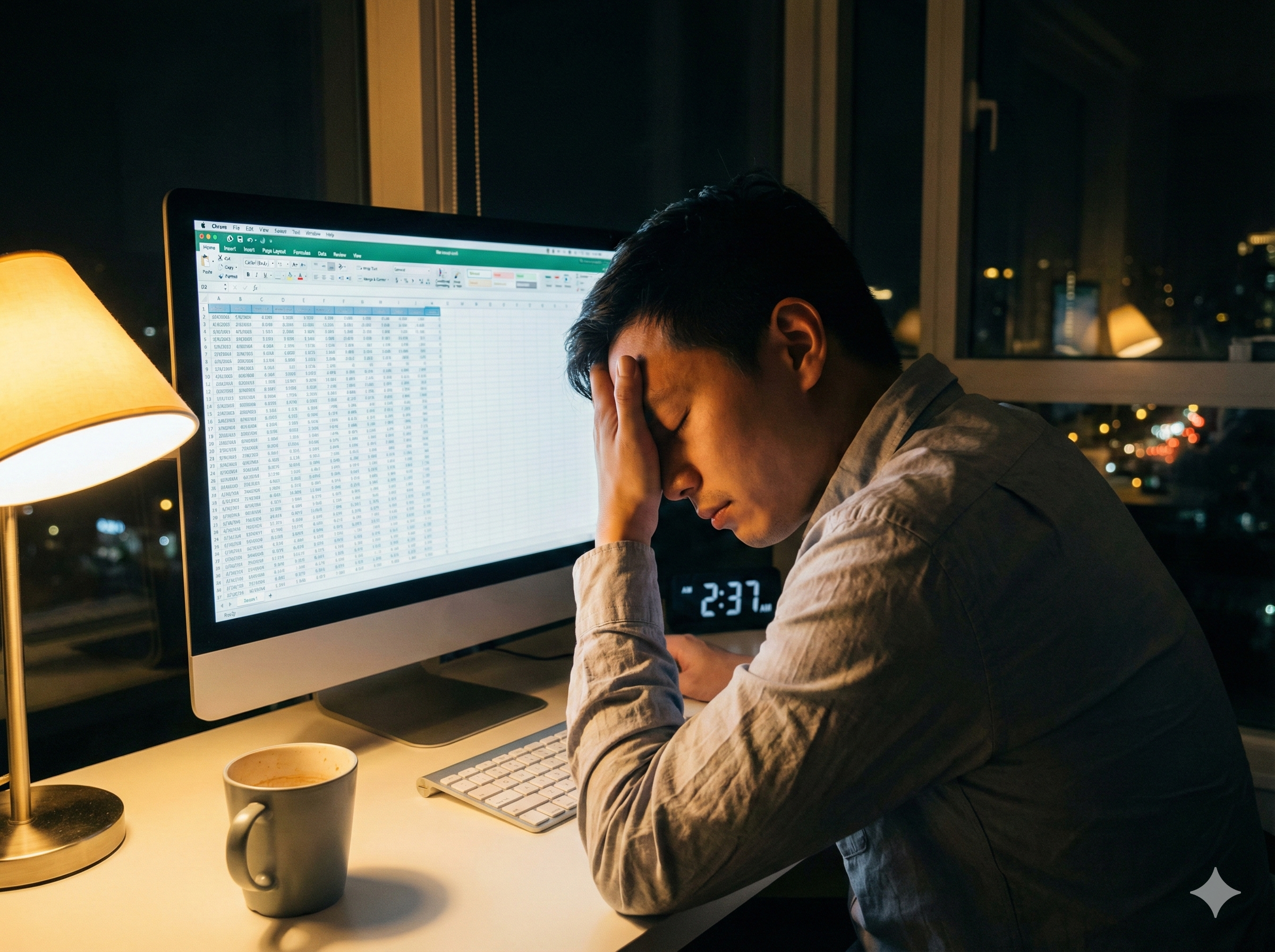 Tired nonprofit staff member working late on manual Excel spreadsheets and reporting.