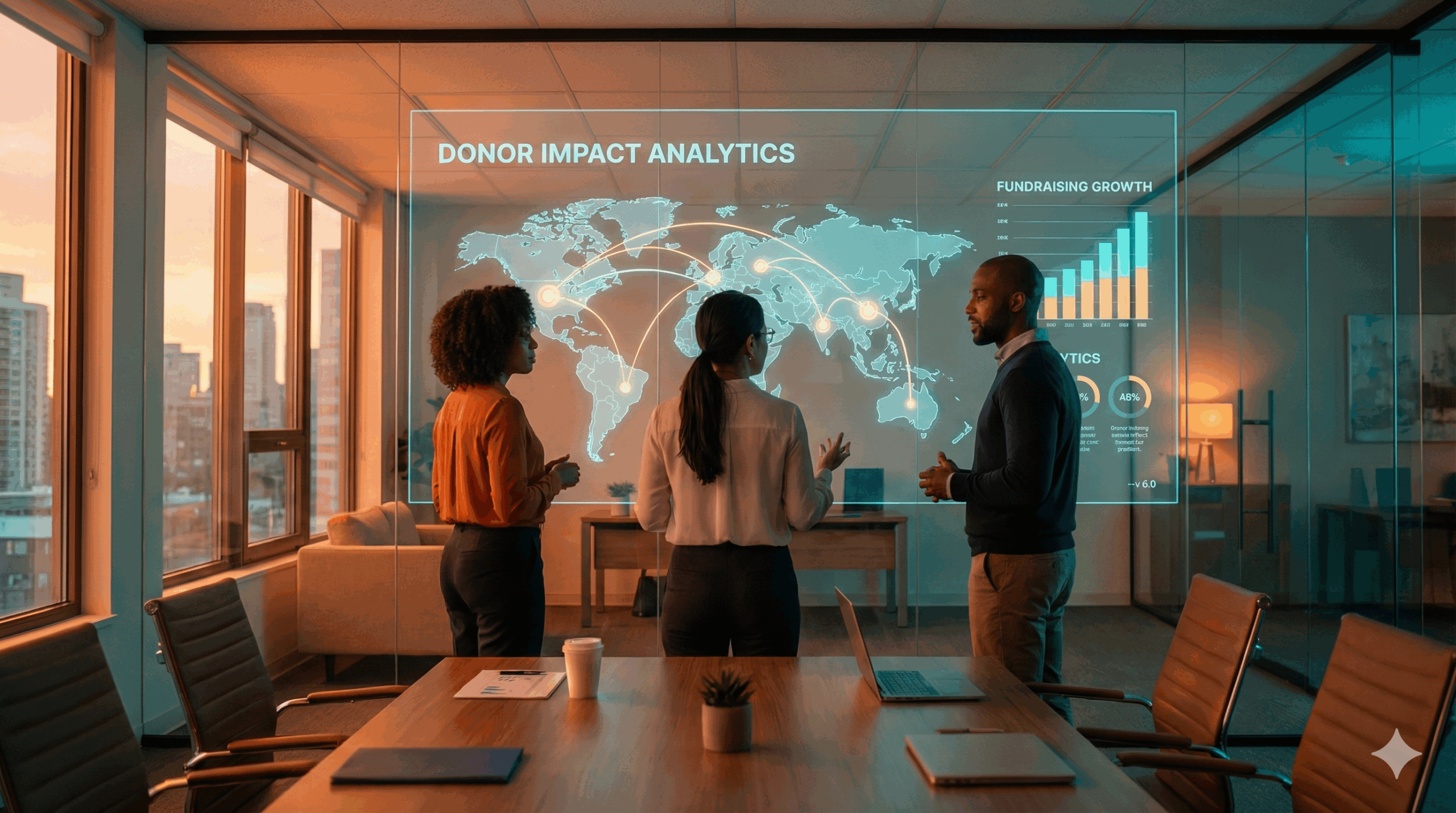 Nonprofit team analyzing social impact data and donor retention metrics on a large Microsoft Dynamics 365 dashboard.