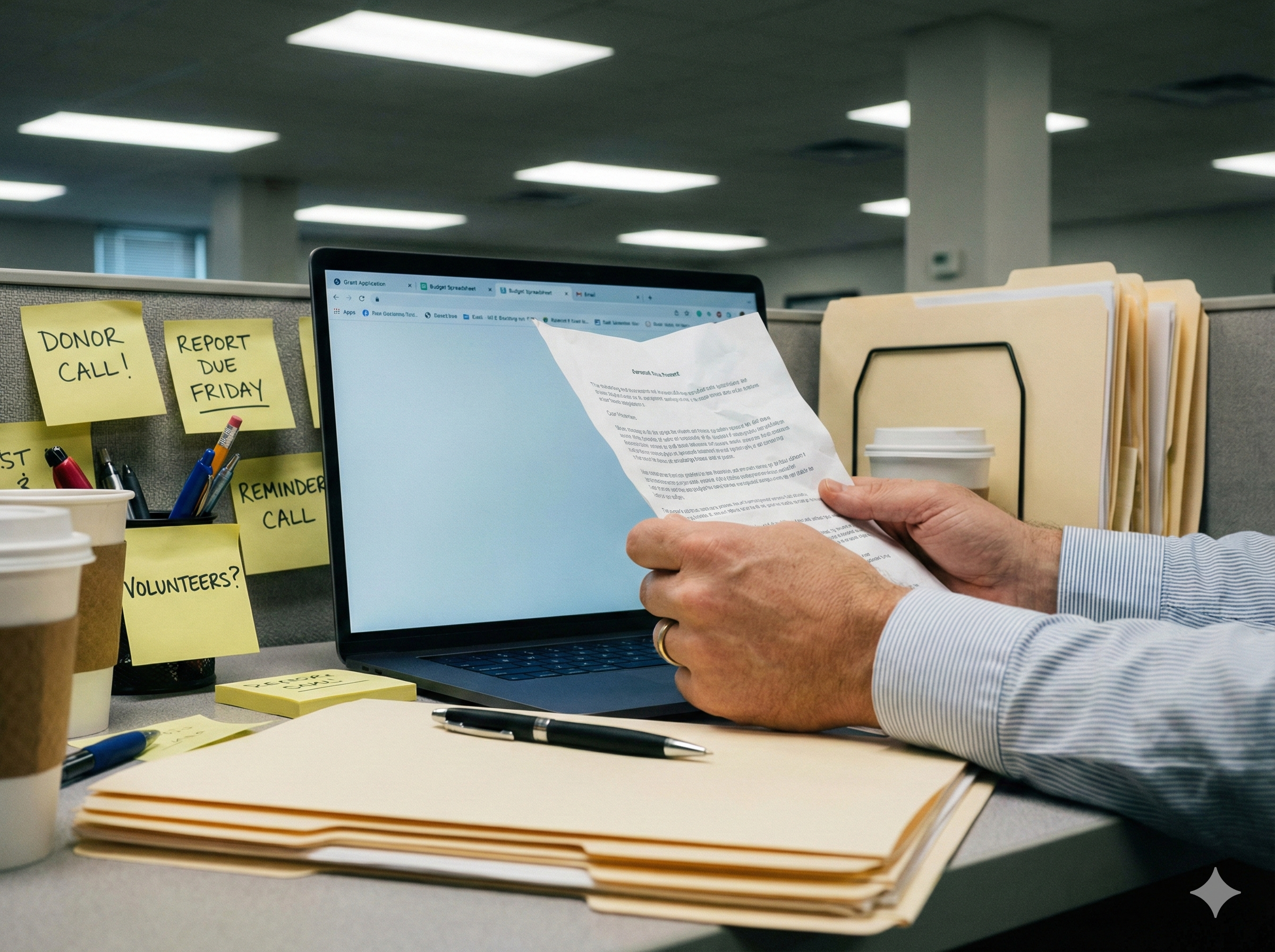 Messy desk with scattered paper files and sticky notes representing disconnected nonprofit data and silos.