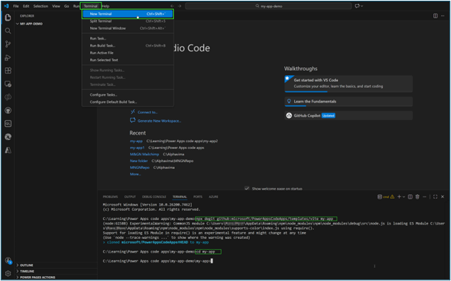 Visual Studio Code terminal window executing the npx degit command to clone the Power Apps code app template.