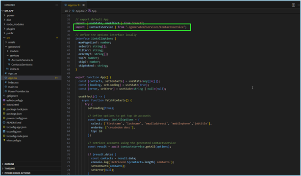 React functional component showing the useEffect hook fetching data from Dataverse using ContactsService.