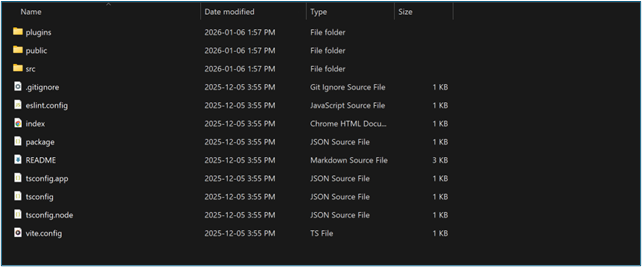 Power Apps code app project directory showing folders like src and public, and configuration files including vite.config and tsconfig.