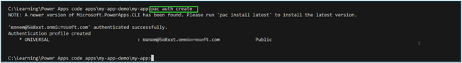 Terminal window showing the pac auth create command and a successful authentication message for Microsoft Power Apps CLI.