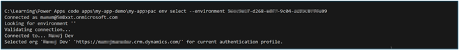 Terminal window showing successful connection to a specific Power Apps environment using the pac env select command.