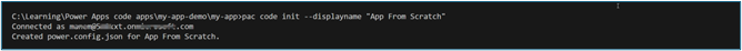 Terminal window showing the execution of the pac code init command to create a new Power Apps code app named "App From Scratch".