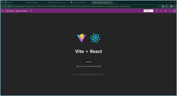 Web browser displaying the locally running Power Apps code app with the Vite and React starter template.