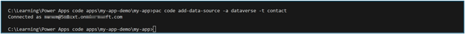Terminal window showing the pac code add-data-source command adding the Contact table to the project.