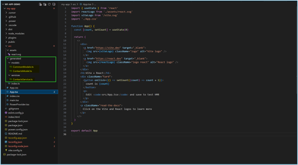 Visual Studio Code file explorer showing the generated ContactsService file in the project structure.