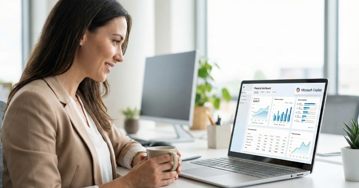 Finance professional using Microsoft Copilot for Finance features to analyze reports on a laptop.
