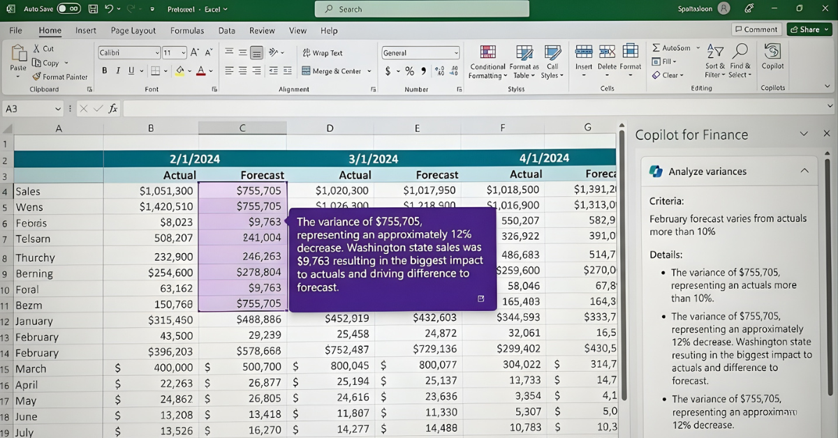 Microsoft Copilot for Finance features interface in Excel showing automated variance analysis and data reconciliation.