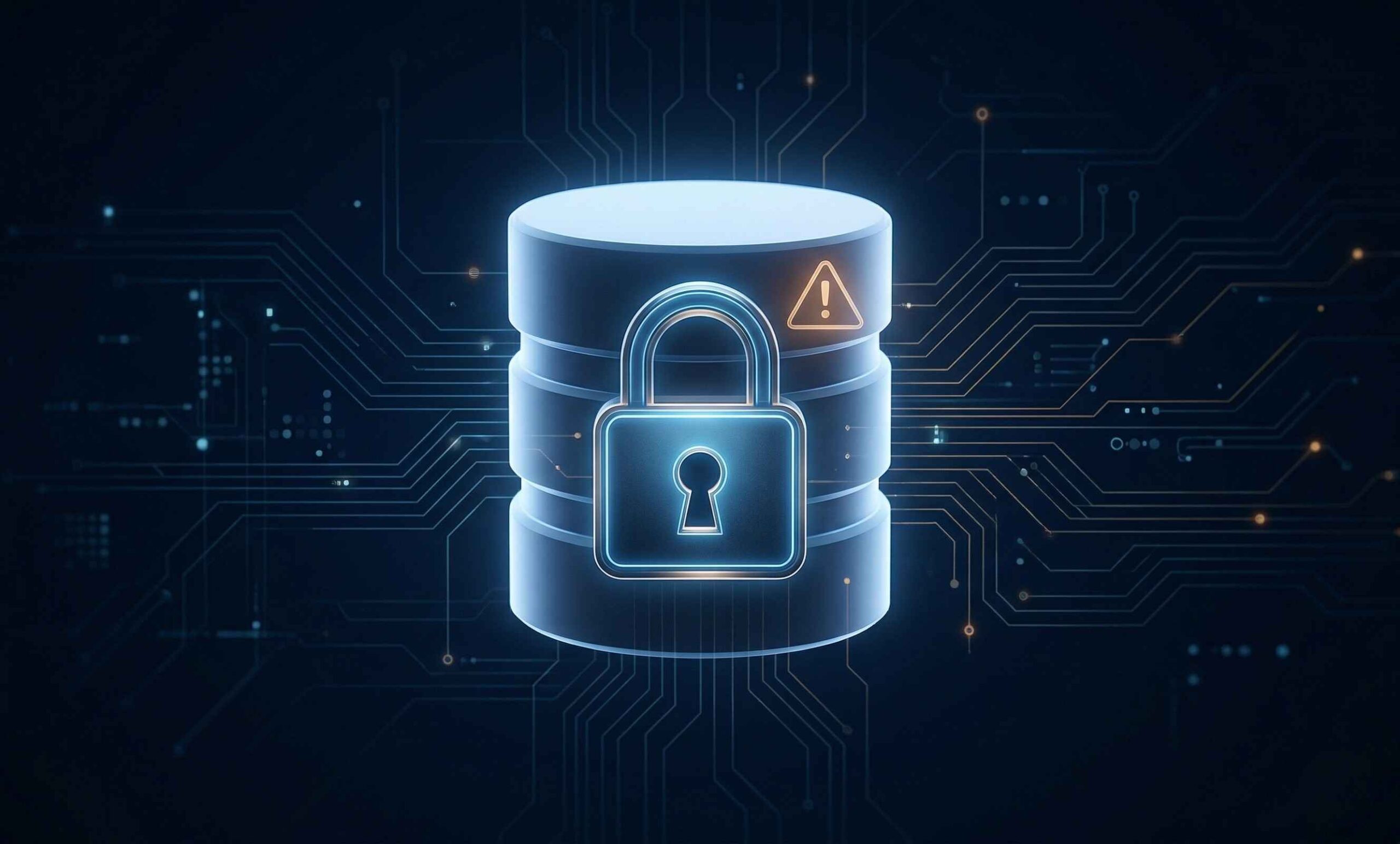 Database cylinder with a padlock and warning triangle icon on a circuit board background, representing data security and compliance risks
