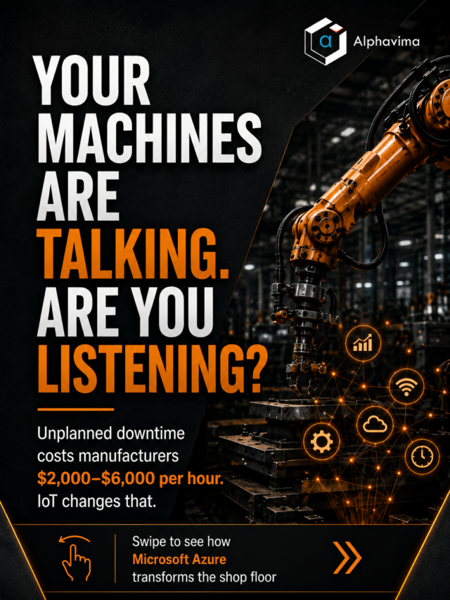 Industrial robotic arm on a dark factory floor with IoT connectivity icons - headline reads "Your Machines Are Talking. Are You Listening?"