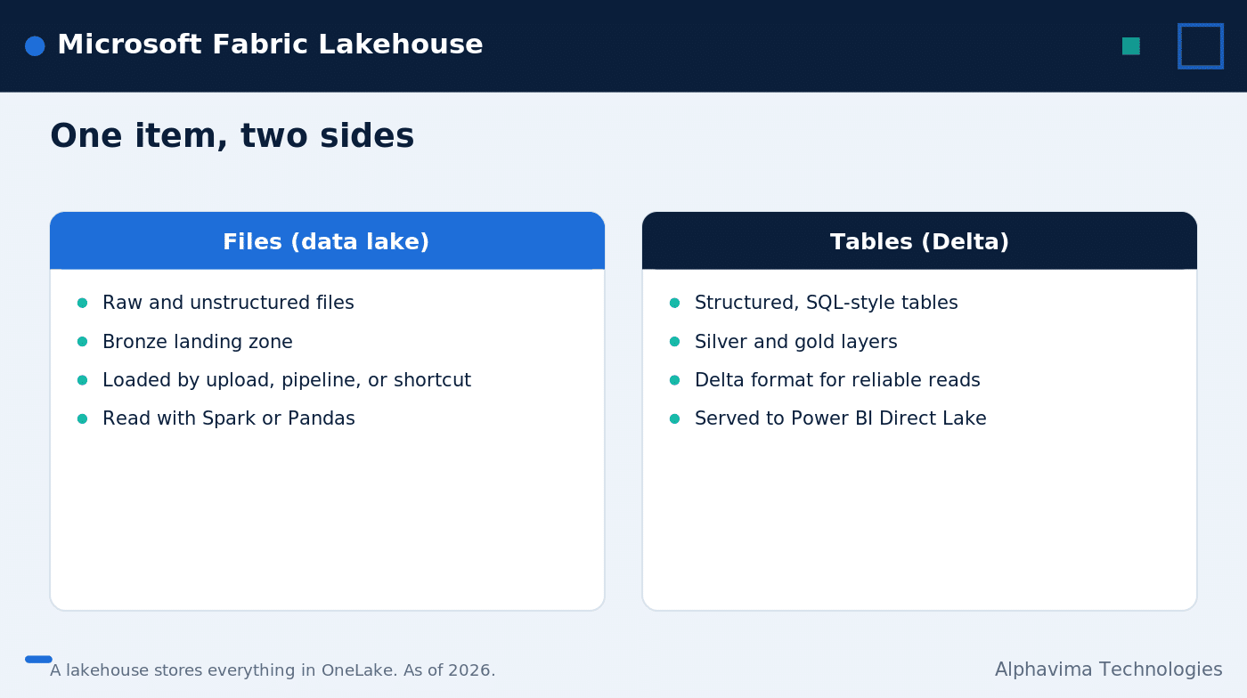 OneLake lakehouse showing the Files area and Tables area in a Microsoft Fabric lakehouse